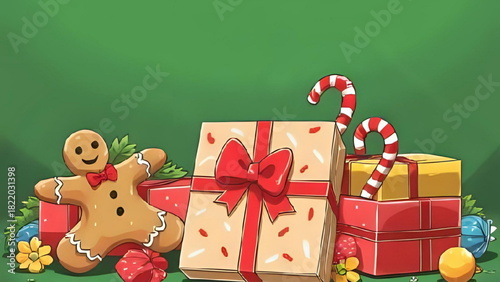 Christmas grouping on green background with a large gingerbread man, stacked gift boxes, candy canes, and ornaments. Festive holiday vector/design element.