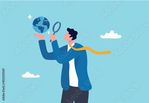 Global world economic analysis, international work opportunity, oversea research or investment country risk, region or foreign career searching concept, businessman analyze global world business.