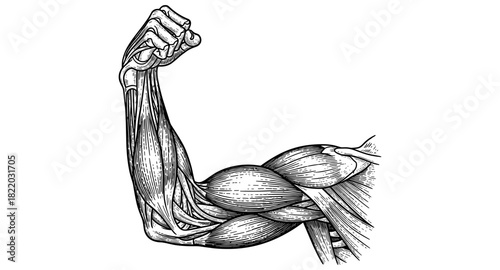Anatomical arm drawing showing detailed muscle structure in vintage engraving style
