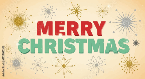 Cheerful Merry Christmas greeting with festive gold and silver sparkling snowflakes for a joyful holiday season, bring winter cheer to your projects