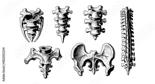 Detailed anatomy of human spine and pelvis in vintage engraving style