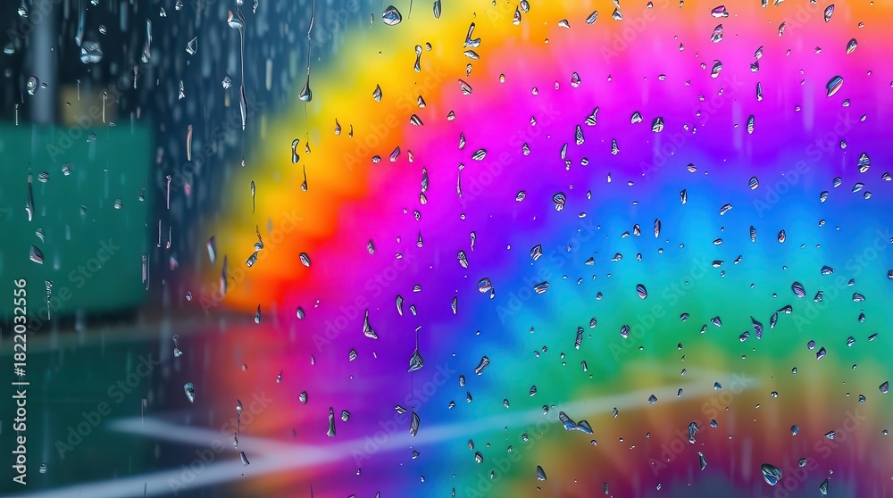 Naklejka premium Raindrops on glass with vibrant rainbow background