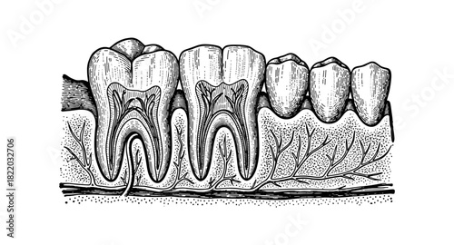 Detailed engraving of human teeth anatomy with roots and nerves