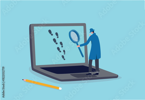 Website visitor tracking or digital footprint, analyze user behavior or track bounce rate concept, businessman detective using magnifying glass to track visitor footpath on laptop computer.