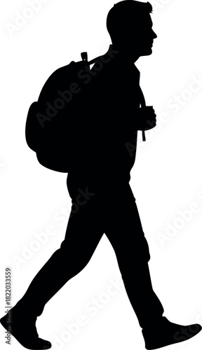 Silhouette of man hiking with backpack