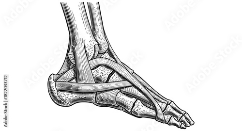 Detailed anatomical drawing of human foot bones and tendons in vintage style