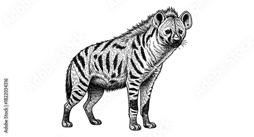 Detailed black and white hyena artwork with striped pattern