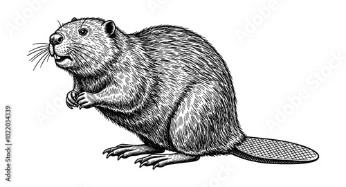 Intricate vintage beaver in detailed engraving style with textured fur and tail