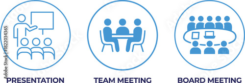 Professional business meeting icon set, presentation, team meeting, and board meeting vector illustrations on a white background.