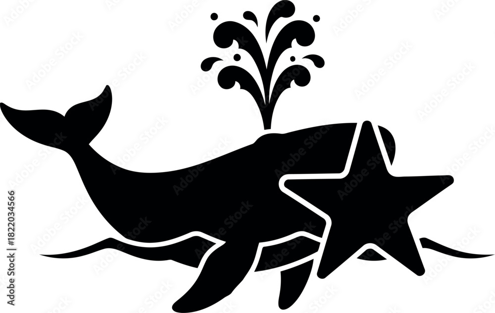 Fototapeta premium Whale star silhouette ocean spray nautical icon