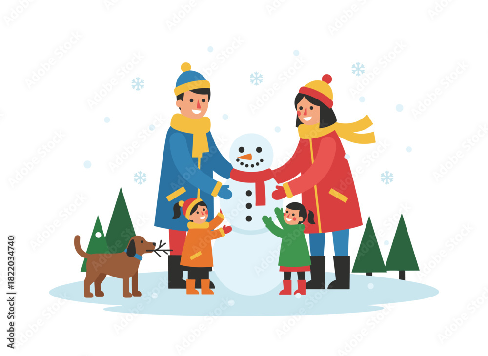 Naklejka premium Flat vector illustration of a family in warm clothes enjoying a winter outdoor rest, building snowmen, and taking a holiday walk for seasonal entertainment