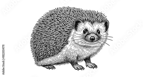 Detailed black and white hedgehog sketch with intricate fur texture