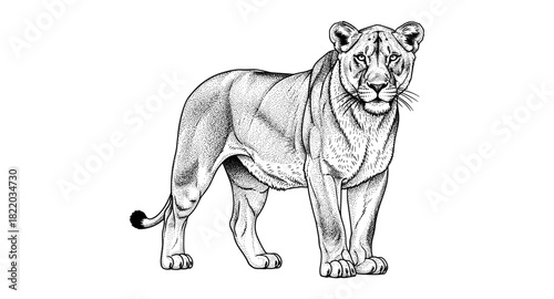 Detailed pen and ink drawing of a standing lioness on a white background