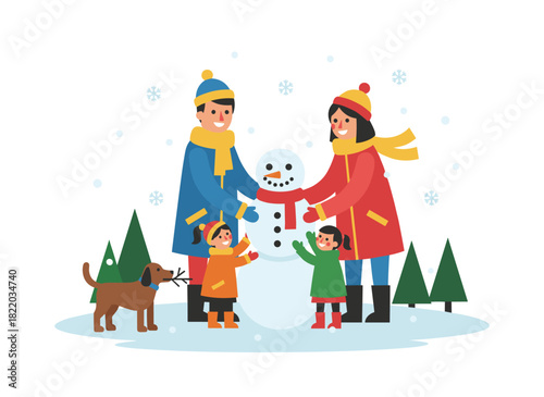 Flat vector illustration of a family in warm clothes enjoying a winter outdoor rest, building snowmen, and taking a holiday walk for seasonal entertainment