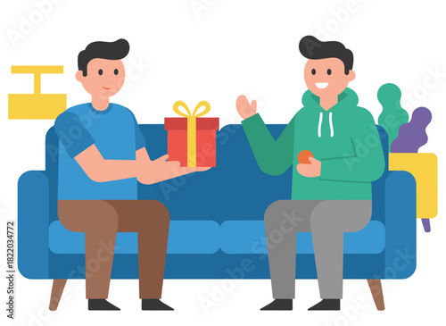 Male friends exchange gift boxes, joyful men presenting, giving, and receiving holiday surprises, a biracial couple holds each other's gift boxes, all depicted in a flat vector illustration on a