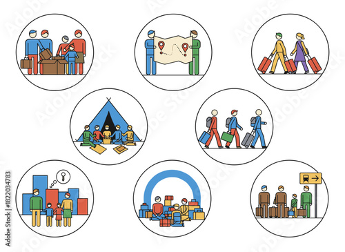 The migration theme includes individuals selecting destinations, navigating checkpoints, and awaiting at borders, while migrants receive assistance or asylum in refugee camps, depicted through flat