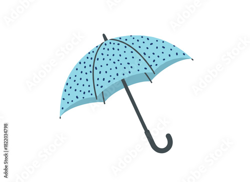 Illustration of an open umbrella with a handle, designed as a flat vector icon for rainy weather protection, serving as an autumn accessory, presented on a white background