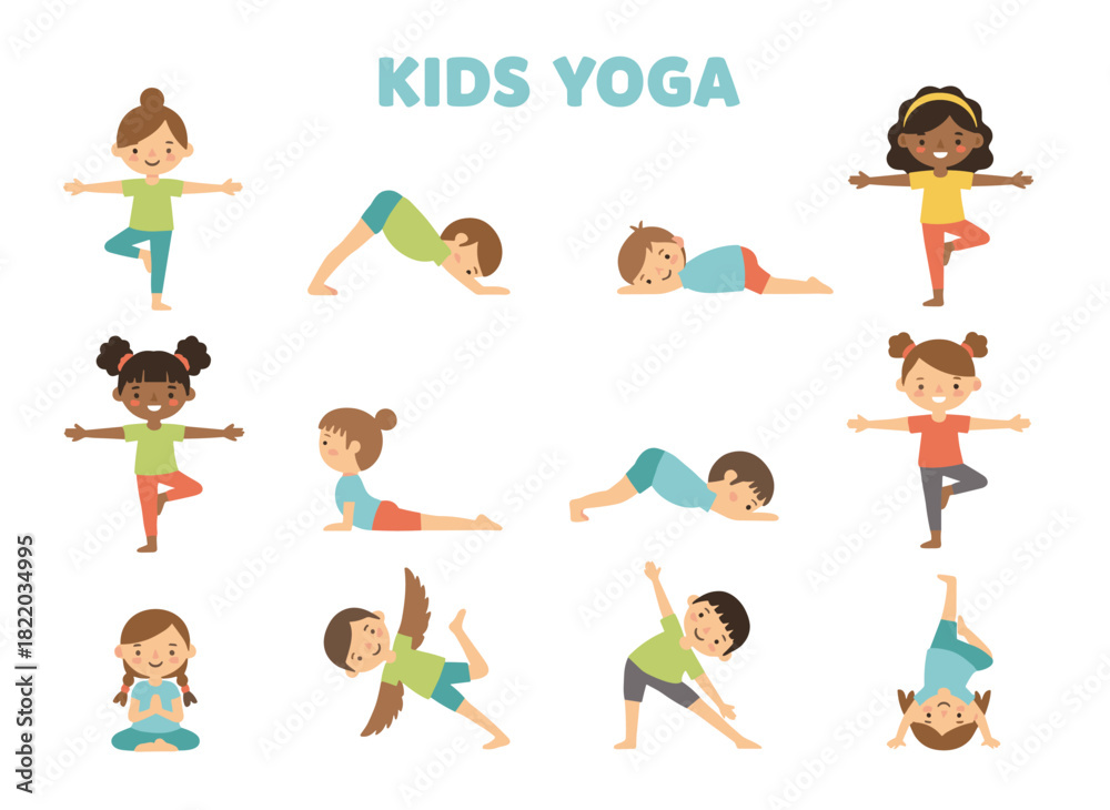 Obraz premium A hand‑drawn illustration of a kids’ yoga set showing children doing exercises, asanas, postures, and meditation