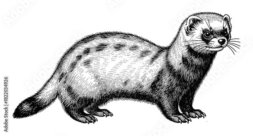 Intricate black and white drawing of a european polecat in detailed vintage style