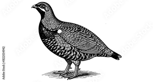 Detailed black and white partridge drawing with engraved texture