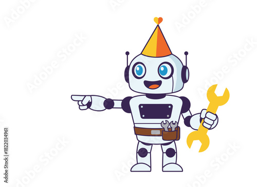 An endearing robot holding a wrench in a retro‑futuristic style, a serviceman with a spanner repairing tools, a robotic mechanic from a repair service, shown as a flat vector illustration on a white