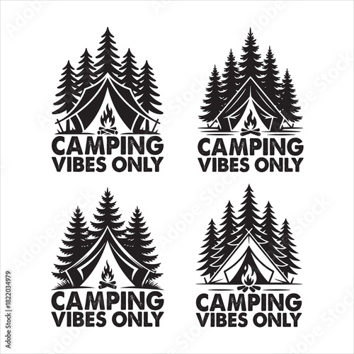 Camping vibes only" outdoor adventure emblem design with tent, campfire, Camping T-shirt Design