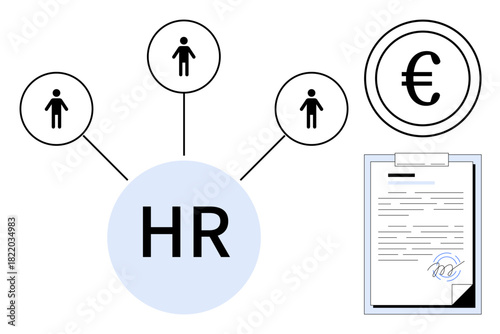HR connections with employees, payroll in euro currency, and a signed contract. Ideal for workforce planning, recruitment, compensation, business, compliance job market organizational flow. Simple