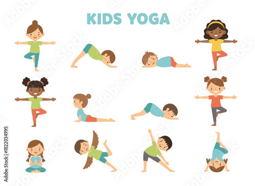 A hand‑drawn illustration of a kids’ yoga set showing children doing exercises, asanas, postures, and meditation