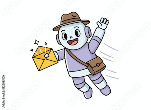 A cute robot postman delivering envelopes, a retro android with an email letter, depicted as a flat vector illustration on a white background