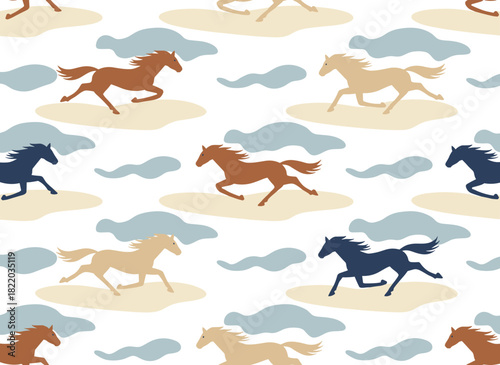 Seamless horse pattern featuring a wild herd galloping and racing, with a repeating print that offers an endless texture suitable for fabric, wallpaper, and wrapping, presented as a flat vector
