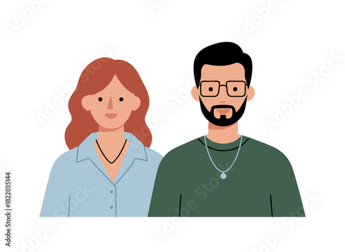 A modern, happy young couple—boyfriend and girlfriend—wearing jewelry, depicted in a flat vector portrait against a white background