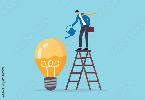 Experimentation, research or test new idea, discover success solution or experiment new business idea, innovative or invention concept, businessman with flask mixing experiment light bulb idea