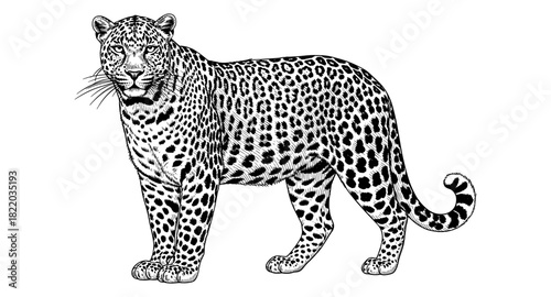 Intricate black and white leopard art with spotted pattern on white background
