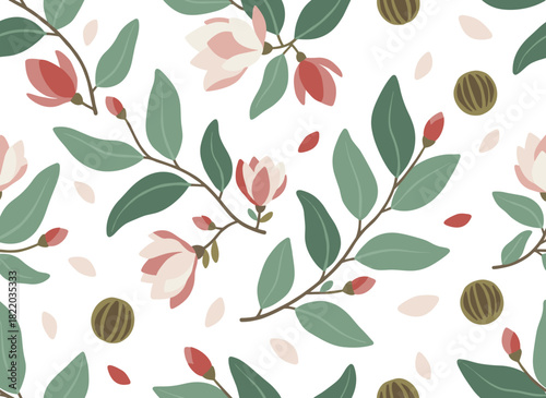 A continuous pistachio design featuring nuts, shells, branches, and leaves, with an endless, realistic texture of pistaches on a white background, rendered as a hand‑drawn colored vector illustration