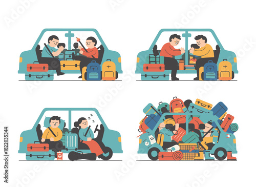 Back view of a car with luggage and baggage in the trunk, featuring suitcases, travel bags, and people driving on a summer vacation, weekend camping trip, or journey, depicted in flat vector