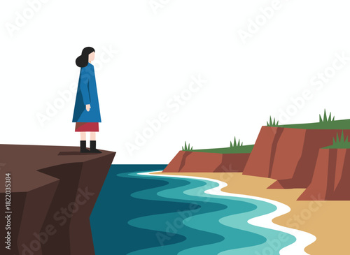A flat vector illustration of nature exploration, featuring a dreamy woman enjoying a scenic landscape, a concept of new horizons discovery, a girl cartoon character by the river coast, and an