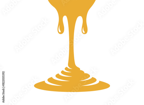 Honey drips, melting caramel pours into a sweet sticky pool, golden maple syrup leaks and trickles into a liquid sugar puddle, all depicted as a flat vector illustration on a white background