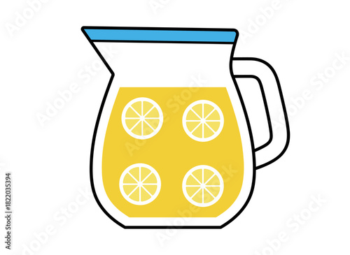 Chilled drink with lemon slices, infused flavored water in a glass jug; a refreshing summer beverage, lemonade in a pitcher; natural refreshment; flat vector illustration on a white background