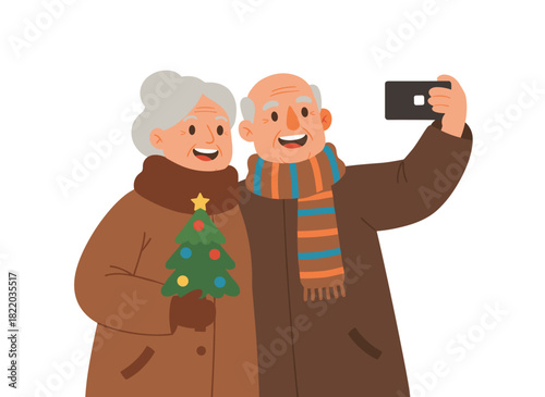 An elderly couple enjoys a Christmas vacation outdoors, capturing a selfie with their mobile phone; the cheerful senior man and woman are depicted in a flat vector illustration against a white
