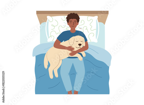 A person and their dog lie together, relaxing; the happy pet owner embraces their loyal, affectionate canine friend in a flat vector illustration set against a white background