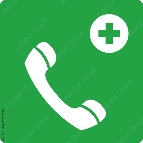 emergency medical phone assistance icon with handset and cross symbol on green background