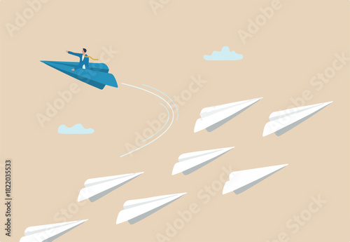Change career path or difference direction, leadership or individual freedom to choose own way to success, courage to see opportunity concept, businessman flying origami airplane change direction