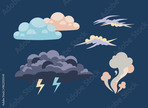 A collection of variously shaped smoke and steam cloud puffs, along with individual icons depicting air trails, dust, explosions, smog, bangs, booms, sprites, and bubbles, rendered as a colored flat