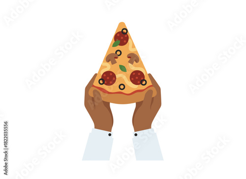 A triangular pizza slice topped with salami sausage, held by African‑American hands, featuring pepperoni and cheese, rendered as a flat vector illustration on a white background