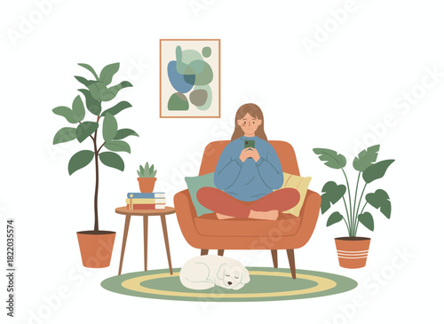 A young woman lounges in a cozy armchair, happily surfing the internet and chatting online on her smartphone at home, depicted in a colored flat vector illustration