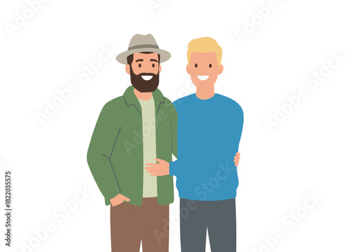 Two young men in contemporary attire stand side by side, hugging and grinning—a charming gay couple depicted as cartoon figures on a white backdrop in a vibrant flat illustration