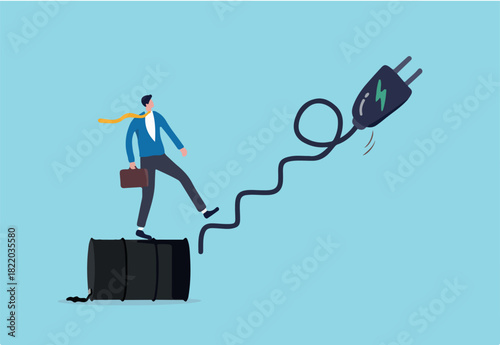 World transition from fossil oil energy to clean electric power, combustion car to EV concept, businessman investor or car owner step from oil gallon to stair case made of electric charger