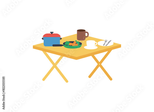 A portable camping dining table with food, a tea kettle, mugs, and plates set up for a picnic and served meal outdoors, featuring hiking tourist utensils, depicted as a flat vector illustration on a