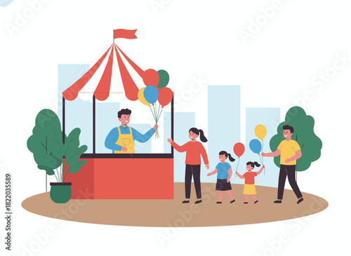 A cartoon illustration of a street cotton candy kiosk where families and kids stand alone against a white background, with a booth or shop brimming with sweetness surrounded by people walking and