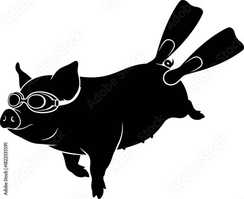Diving pig silhouette with goggles flippers